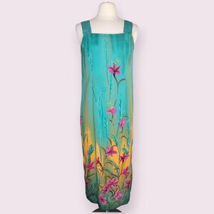 A WILD THYME Mesh Floral Dress Sz 10 Watercolor Lined Sleeveless Square Neckline